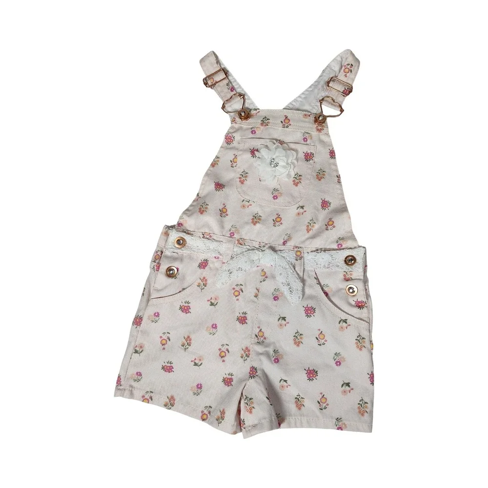 Girls Pink Floral Denim Shortalls with Lace Bow and 3D Flower Size 5